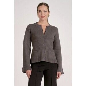 Elan Molly Grey Cardigan Flare Sleeve  Button Crew Neck Long Sleeve Women's L